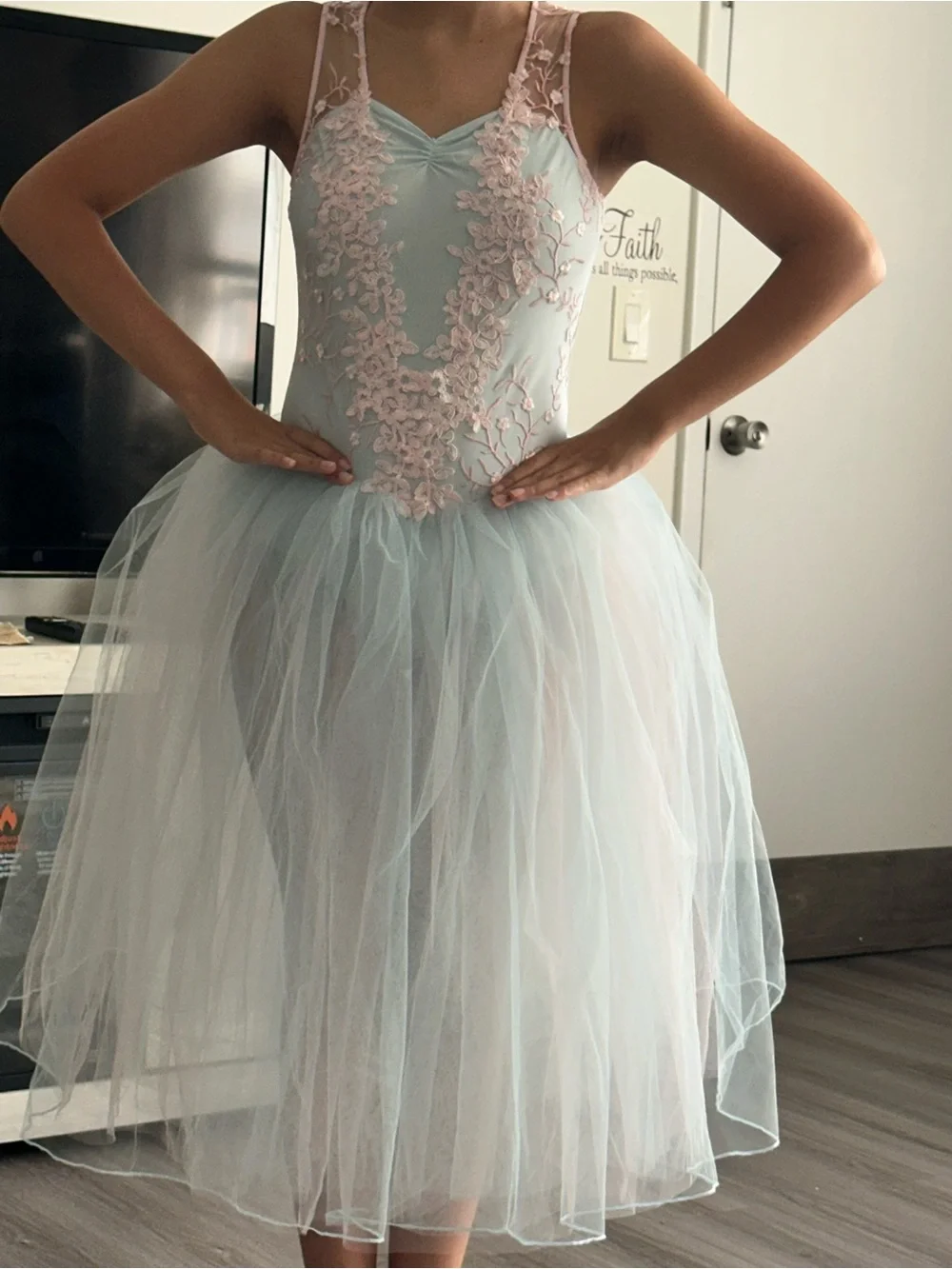 Girls Light Blue Tulle Dress with Pink Lace Appliqué